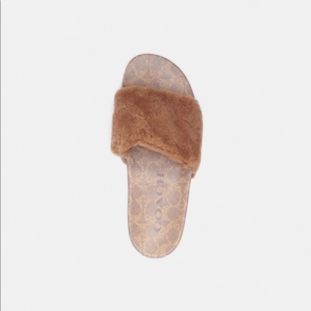 Coach Signature Pool Slide with Shearling in Natural/Tan - Picture 3 of 5
